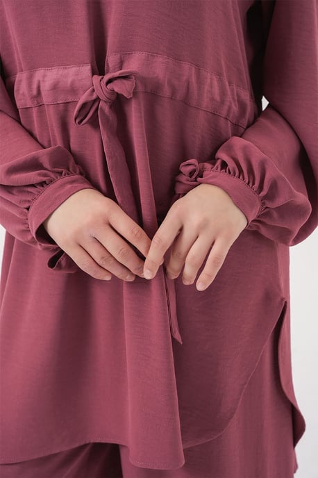Crew-Neck-Tunika mit Krawatten-Detail und weiten Hosen Set - Image 4