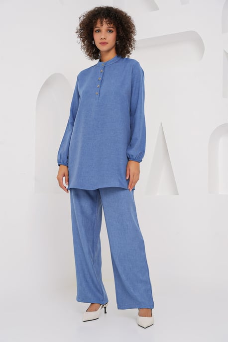Strukturierter Leinenmischung Langarm-Tunika und Weite Hosen Set - Image 1