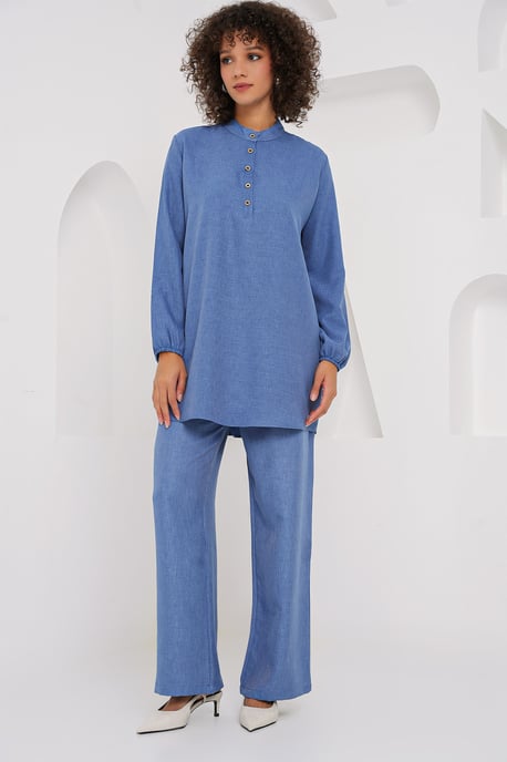 Strukturierter Leinenmischung Langarm-Tunika und Weite Hosen Set - Image 3