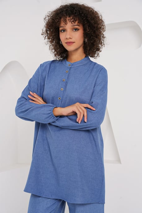 Strukturierter Leinenmischung Langarm-Tunika und Weite Hosen Set - Image 4