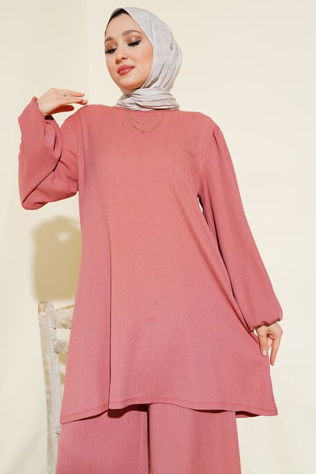 Texturierte Langarm-Tunika und weite Hose Set - Image 2