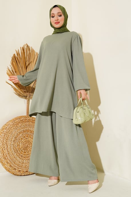 Strukturierte Langarm-Tunika und weiter Hosen-Set - Image 1