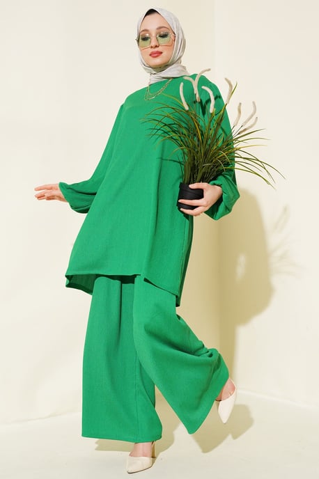 Texturierte Langarm-Tunika und weite Hose Set - Image 1