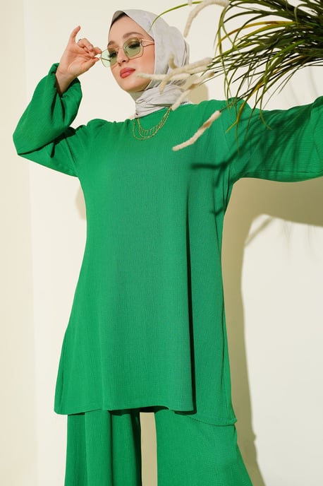Texturierte Langarm-Tunika und weite Hose Set - Image 2