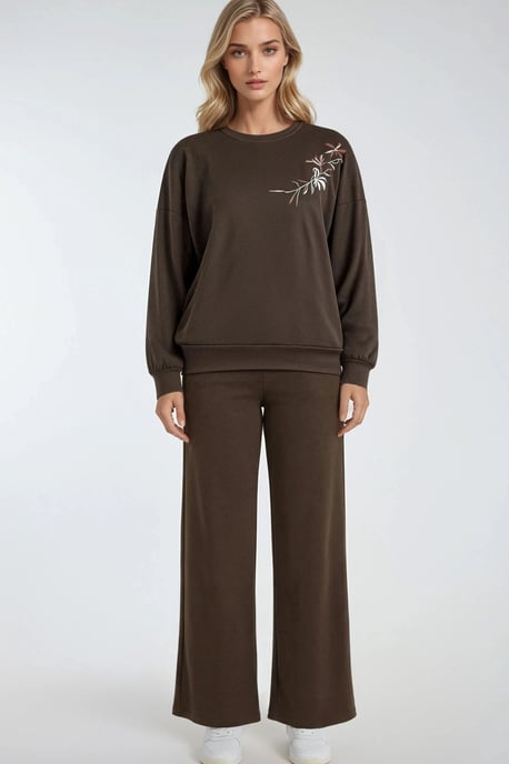 Besticktes Rundhals-Sweatshirt & Gerade Beine Hose Zwei-Teile-Set - Image 1