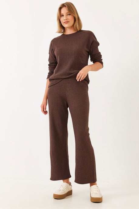 Rippstrick-Textur Crewneck-Pullover und Hose Set - Image 1