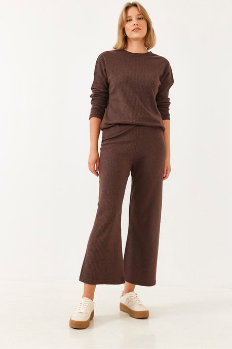 Rippstrick-Textur Crewneck-Pullover und Hose Set - Image 2