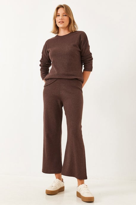 Rippstrick-Textur Crewneck-Pullover und Hose Set - Image 3