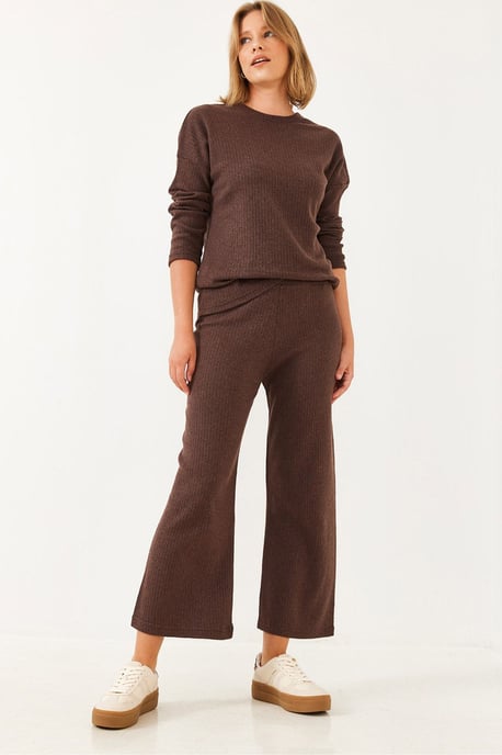 Rippstrick-Textur Crewneck-Pullover und Hose Set - Image 4