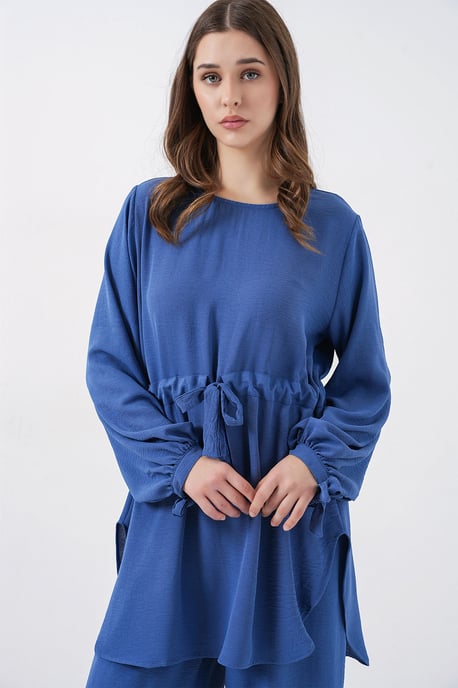 Crew-Neck-Tunika mit Krawatten-Detail und weiten Hosen Set - Image 3