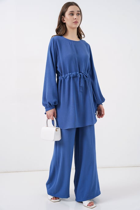 Crew-Neck-Tunika mit Krawatten-Detail und weiten Hosen Set - Image 4