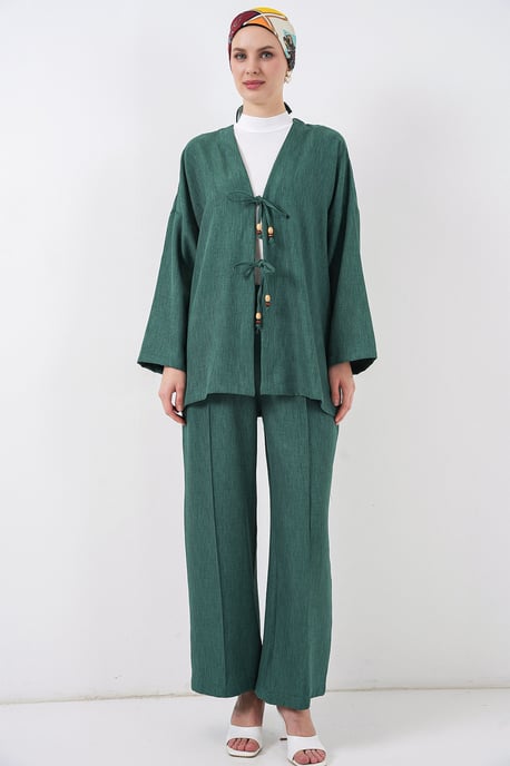 V-Ausschnitt Cardigan und Weit geschnittene Hose Set - Image 3