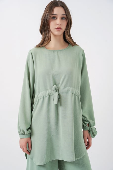 Crew-Neck-Tunika mit Krawatten-Detail und weiten Hosen Set - Image 2