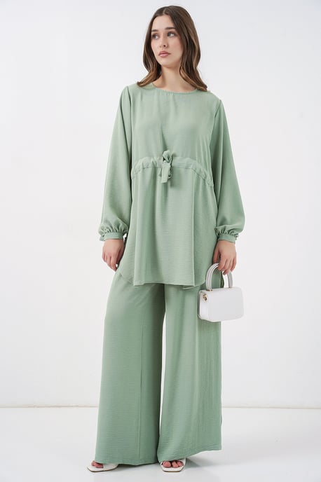 Crew-Neck-Tunika mit Krawatten-Detail und weiten Hosen Set - Image 3