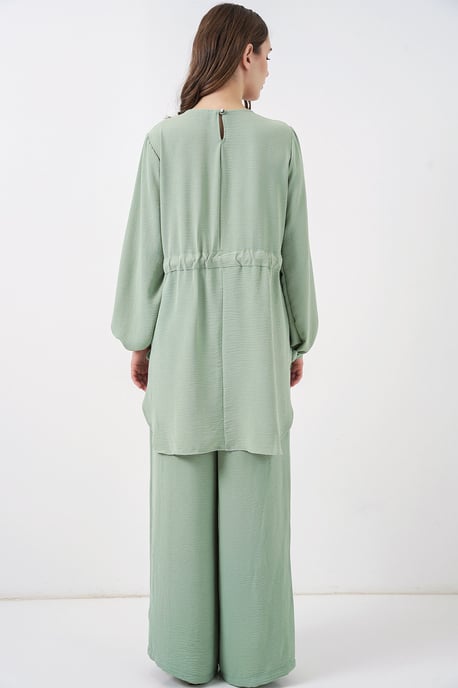 Crew-Neck-Tunika mit Krawatten-Detail und weiten Hosen Set - Image 5