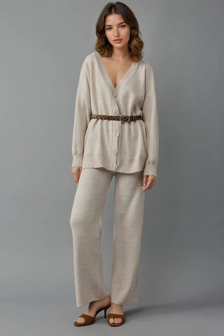 V-Ausschnitt Cardigan und Weitbeinige Hosen Strickset - Image 1