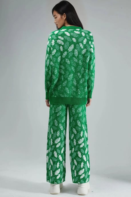 V-Ausschnitt Jacquard-Strickcardigan und weit geschnittene Hose Set - Image 3