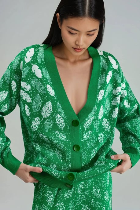 V-Ausschnitt Jacquard-Strickcardigan und weit geschnittene Hose Set - Image 5