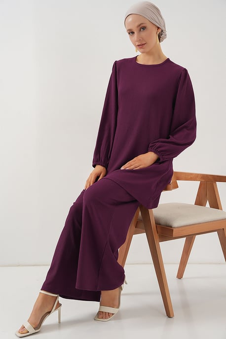 Strukturierte Langarm-Tunika und weit geschnittene Hose Set - Image 2