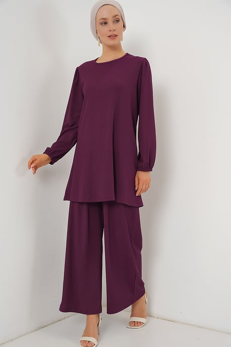 Strukturierte Langarm-Tunika und weit geschnittene Hose Set - Image 3