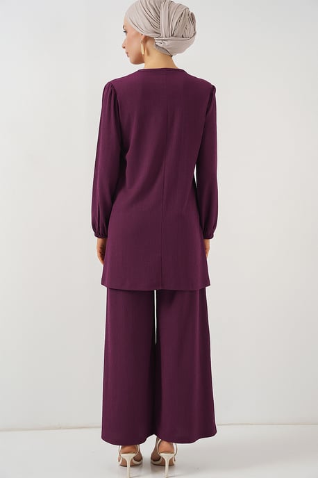 Strukturierte Langarm-Tunika und weit geschnittene Hose Set - Image 6