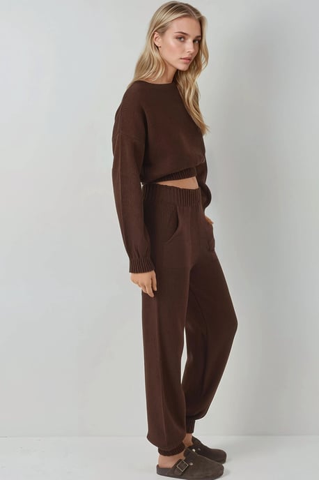 Rippdetail Cropped Rundhals-Pullover & Elastische Bündchen-Hosen Strick-Co-Ord-Set - Image 2