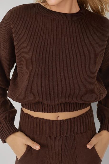 Rippdetail Cropped Rundhals-Pullover & Elastische Bündchen-Hosen Strick-Co-Ord-Set - Image 4
