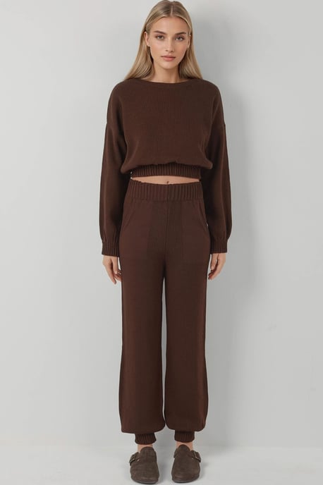 Rippdetail Cropped Rundhals-Pullover & Elastische Bündchen-Hosen Strick-Co-Ord-Set - Image 5