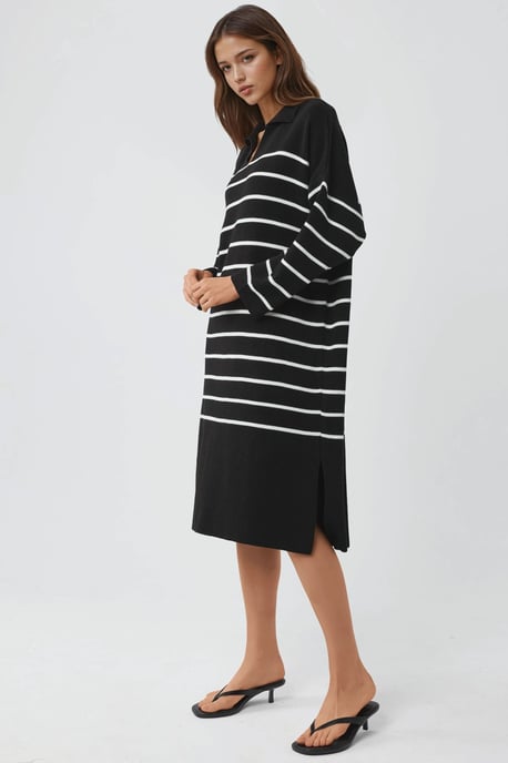 Gestreiftes V-Ausschnitt Midi-Strickkleid mit lockerer Passform und Schlitz - Image 2