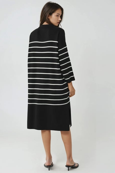 Gestreiftes V-Ausschnitt Midi-Strickkleid mit lockerer Passform und Schlitz - Image 3