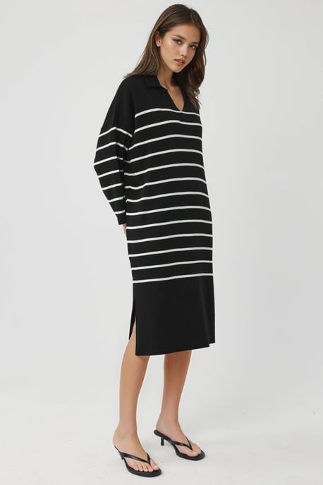 Gestreiftes V-Ausschnitt Midi-Strickkleid mit lockerer Passform und Schlitz - Image 4