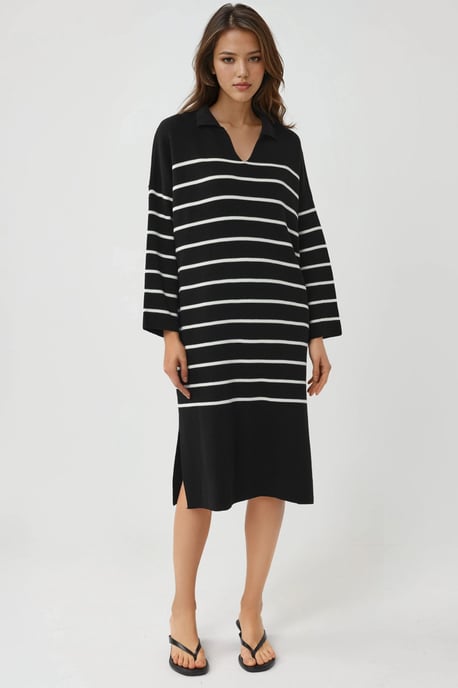 Gestreiftes V-Ausschnitt Midi-Strickkleid mit lockerer Passform und Schlitz - Image 6