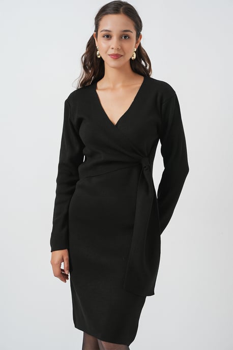 Körperbetontes Midi-Kleid mit V-Ausschnitt und Bindegürtel - Image 1