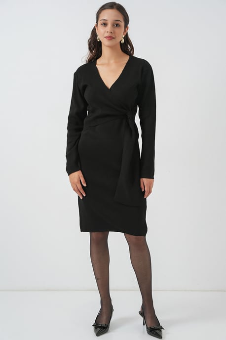Körperbetontes Midi-Kleid mit V-Ausschnitt und Bindegürtel - Image 2