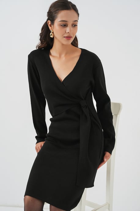 Körperbetontes Midi-Kleid mit V-Ausschnitt und Bindegürtel - Image 3