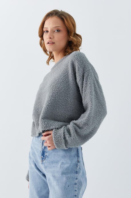 Plüschstrukturierter Crop-Strickpullover - Image 3