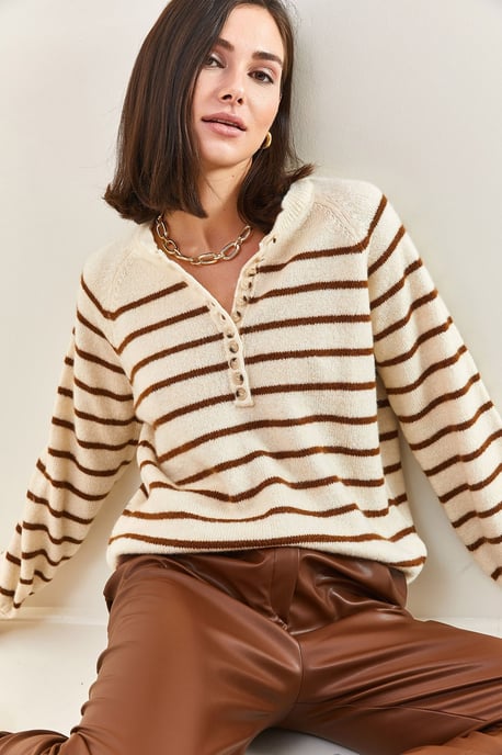 Knopfkragen Lässig Sitzender Strickpullover - Image 1