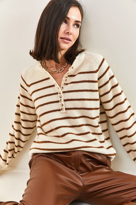 Knopfkragen Lässig Sitzender Strickpullover - Image 2