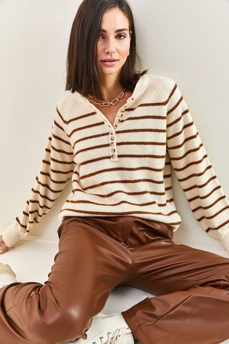 Knopfkragen Lässig Sitzender Strickpullover - Image 3