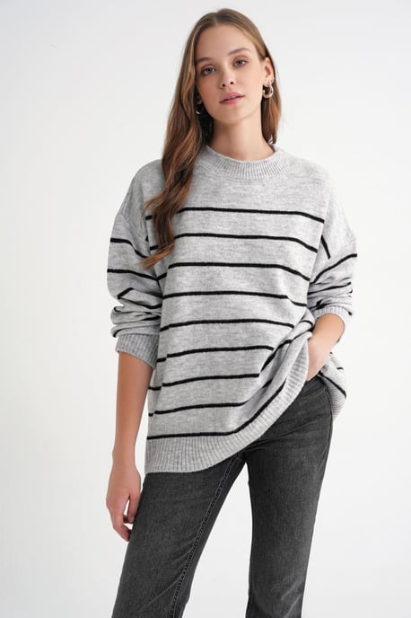 Gestreifter Rundhalsausschnitt entspannter Strickpullover - Image 2