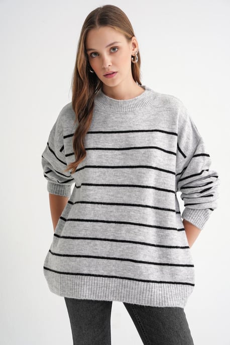 Gestreifter Rundhalsausschnitt entspannter Strickpullover - Image 4