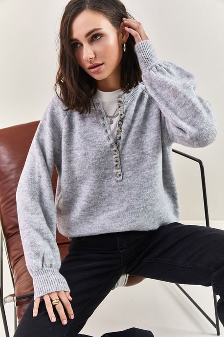 Knopfkragen Lässig Sitzender Strickpullover - Image 3