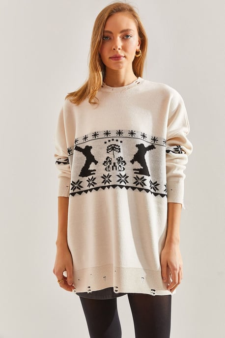 Langer, übergroßer gemusterter Strickpullover mit Rundhalsausschnitt - Image 3