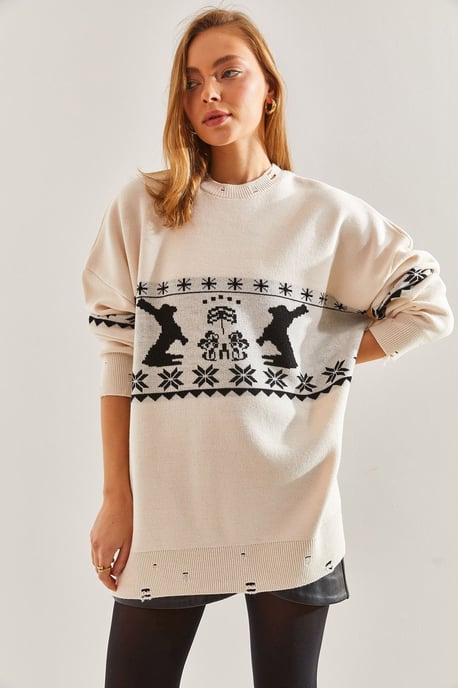 Langer, übergroßer gemusterter Strickpullover mit Rundhalsausschnitt - Image 4