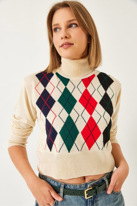 Geometrisches Jacquard-Turtleneck-Crop-Stricktop - Image 1