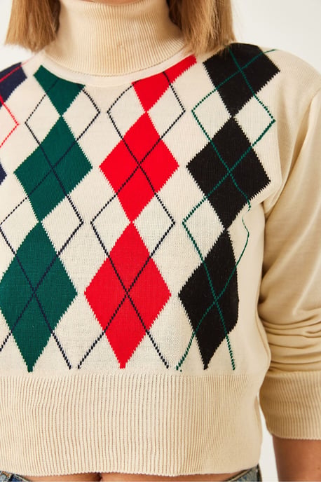 Geometrisches Jacquard-Turtleneck-Crop-Stricktop - Image 2