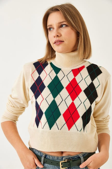 Geometrisches Jacquard-Turtleneck-Crop-Stricktop - Image 4