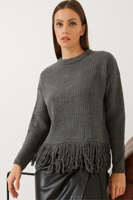 Fransiger Rundhalsausschnitt Crop-Pullover - Image 1