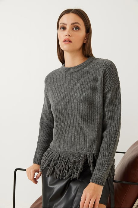 Fransiger Rundhalsausschnitt Crop-Pullover - Image 3