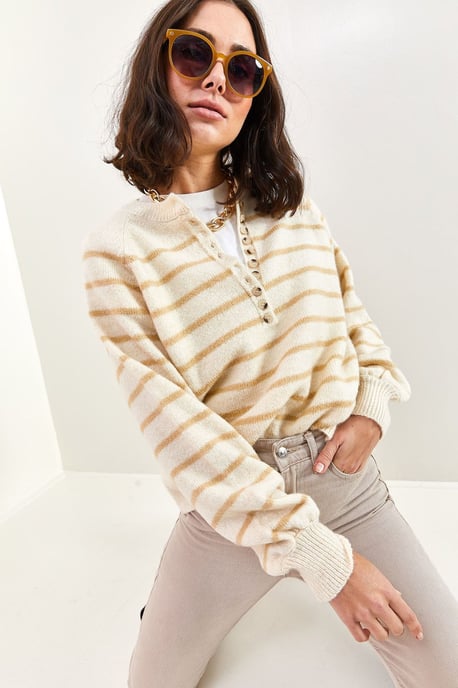Knopfkragen Lässig Sitzender Strickpullover - Image 2